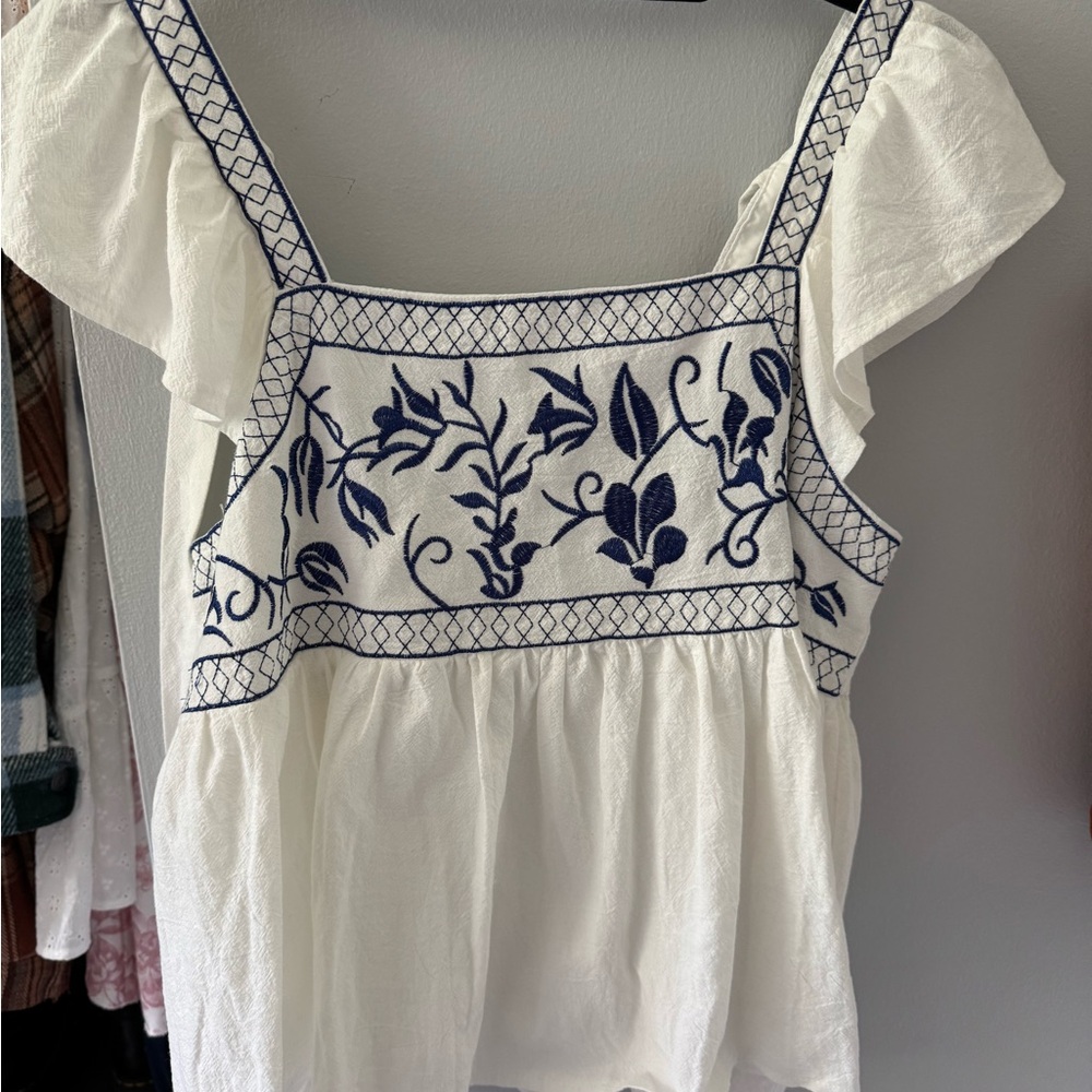 SHEIN White Blouse with Navy Embroidery